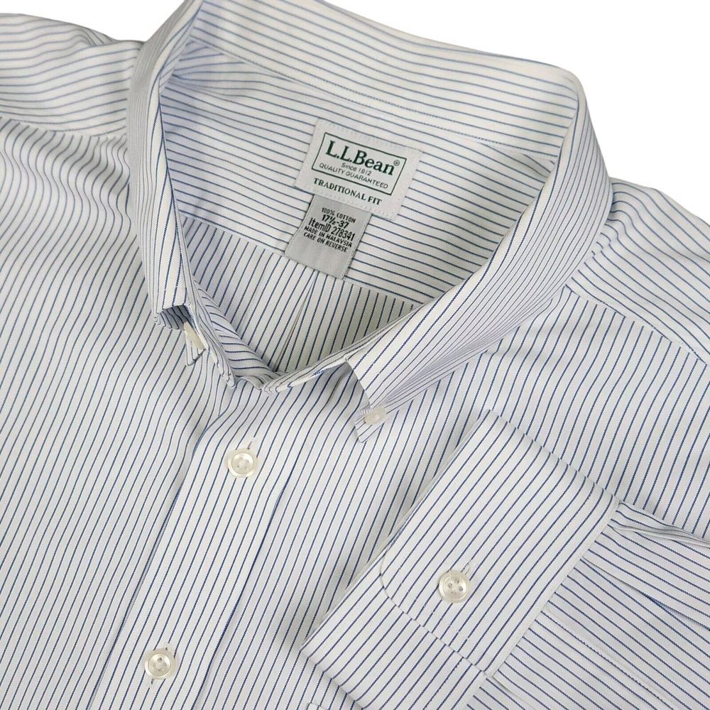 LL Bean Mens 17.5-37 White Blue Striped Long Sleeve Traditional Fit Shirt‎ READ